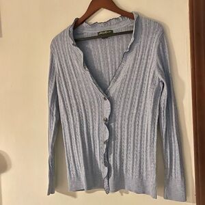 Eddie Bauer Dusty Heathered Blue Button Cardigan with Crochet Ruffle Trim